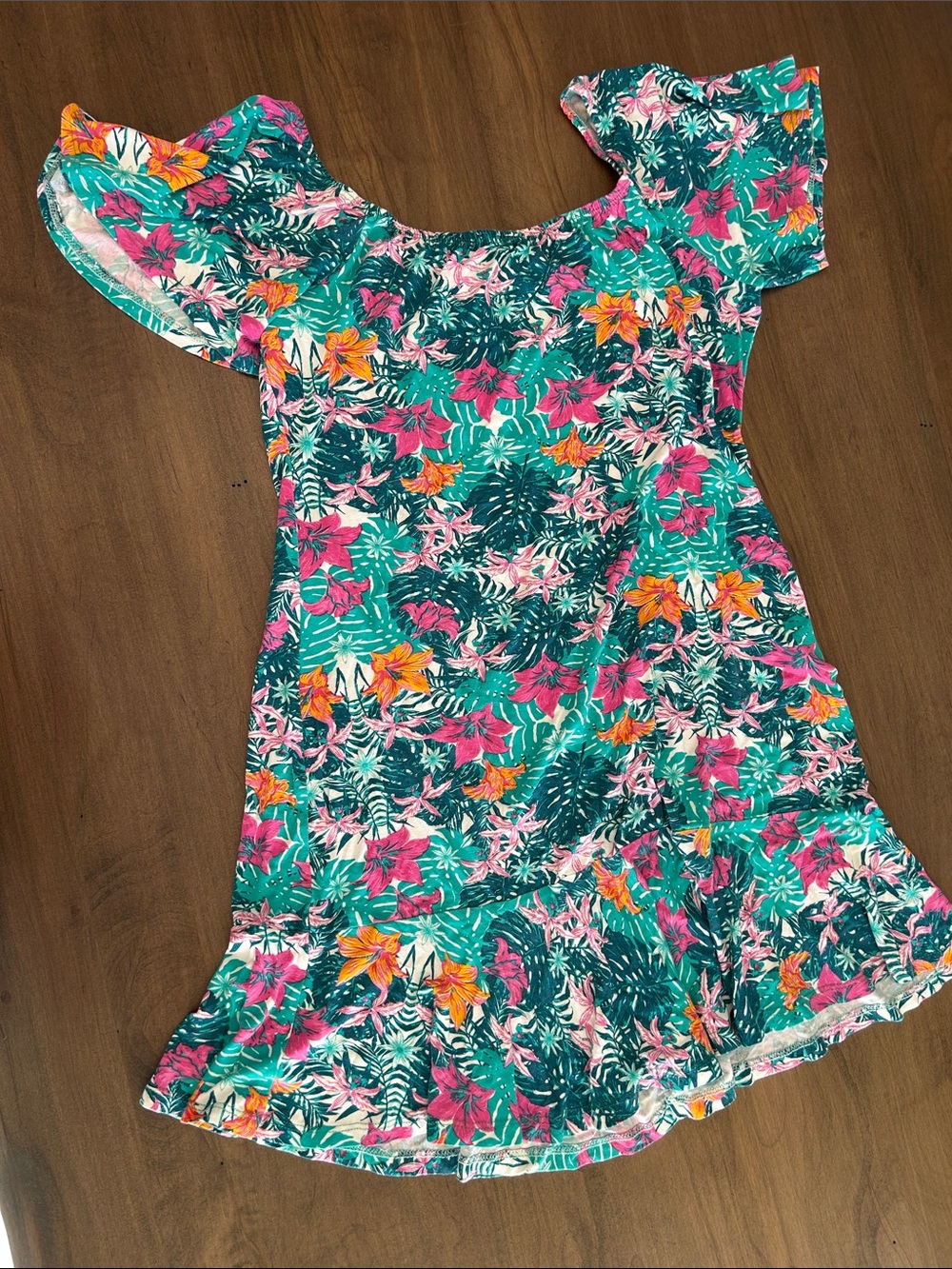Tropical Floral Teal Dress - Bright Pink & Orange Print